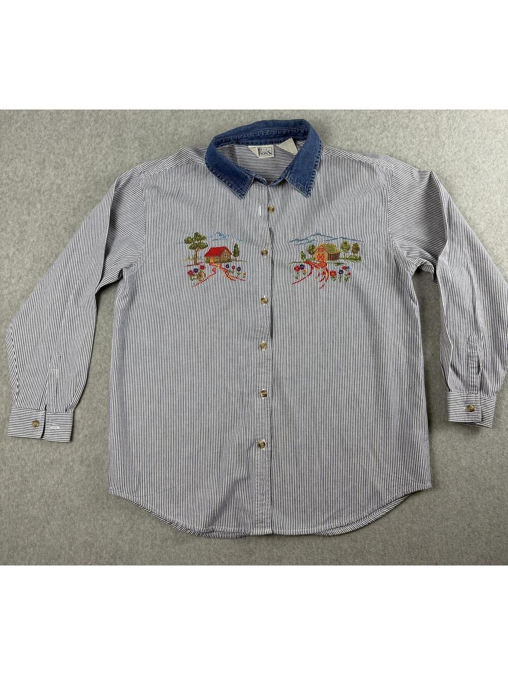 Basic Editions Embroidered Farm Cabin  Button up